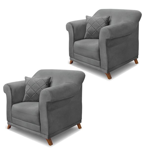 Kit 2 Poltronas Decorativas com 2 Almofadas Armstrong Veludo Cinza - Gran Belo