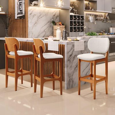 Kit 2 Banquetas Alta Bar Cozinha Sala Jantar Fixa Betta L02 Imbuia Linho Cru - Lyam Decor