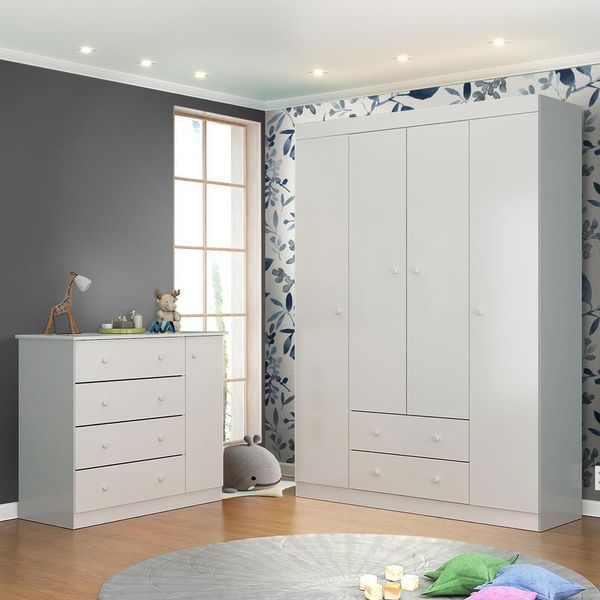 Quarto Infantil Com Guarda Roupas E Cômoda Helena Branco