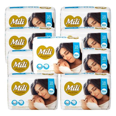 Fralda Descartável MILI Love &amp; Care RN   9 pacotes c/ 18 fraldas (Total: 162 fraldas)  Premium
