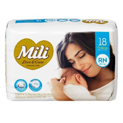 Fralda Descartável MILI Love &amp; Care RN   9 pacotes c/ 18 fraldas (Total: 162 fraldas)  Premium