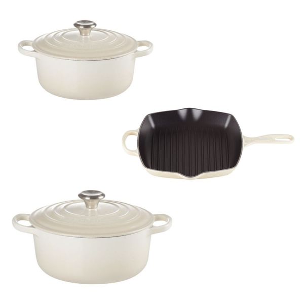 KIT LE CREUSET 2 PANELAS REDONDAS 20 E 24CM GRELHA QUADRADA 26CM EM FERRO ESMALTADO MERINGUE