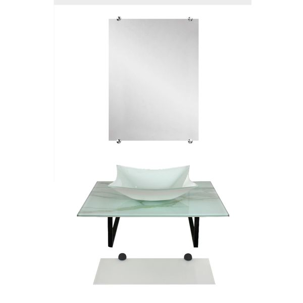 Conjunto Lavatorio Para Banheiro Vmex Cuba Sobrepor Gabinete De Apoio Vidro Marmorizado Branco Pia Lavabo Com Espelho E Prateleira
