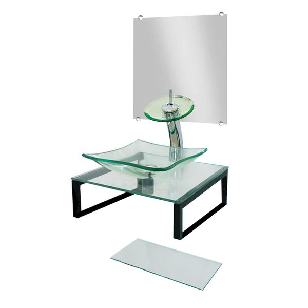 Conjunto Lavatorio Para Banheiro Vmex Cuba Sobrepor Gabinete De Apoio Vidro Incolor Pia Lavabo Com Espelho E Prateleira