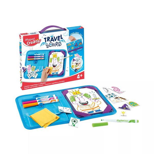 Kit Creativ Maped Travel Board Princesas com Quadro Branco, 4 Marcadores, 14 Ímãs e Apagador