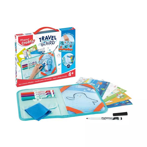 Kit Creativ Maped Travel Board Animais com Quadro Branco, 4 Marcadores, Apagador e Atividades