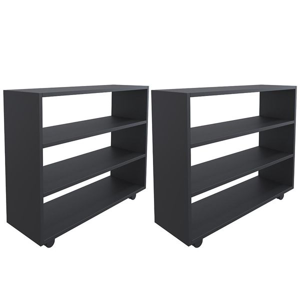 Kit 02 Sapateiras Multiuso Organizador Com 03 Prateleiras E Rodízio Pérola L03 Preto - Lyam Decor