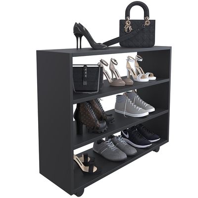 Kit 02 Sapateiras Multiuso Organizador Com 03 Prateleiras E Rodízio Pérola L03 Preto - Lyam Decor