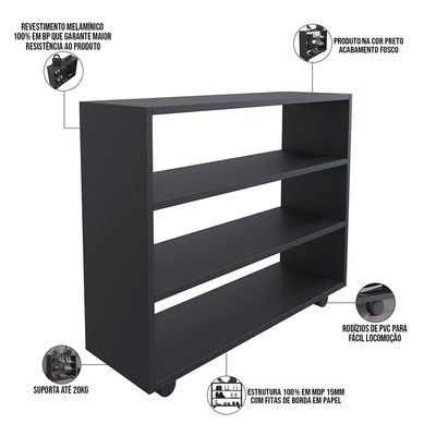 Kit 02 Sapateiras Multiuso Organizador Com 03 Prateleiras E Rodízio Pérola L03 Preto - Lyam Decor