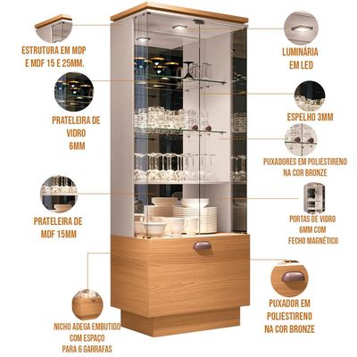Cristaleira Nicho Adega com Led Portas de Vidro Dominic B01 Cinamomo Off White - Lyam Decor