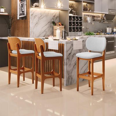 Banqueta Alta Bar Cozinha Sala Jantar Fixa Betta L02 Imbuia Linho Cinza - Lyam Decor