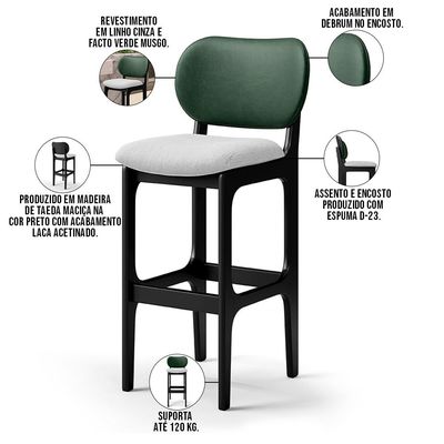 Banqueta Alta Bar Cozinha Sala Jantar Fixa Betta L02 Preto Facto Verde Linho Cinza - Lyam Decor