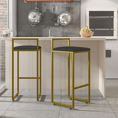 Banqueta Alta Para Cozinha Sala De Jantar Hanna L02 Dourado Linho Chumbo - Lyam Decor