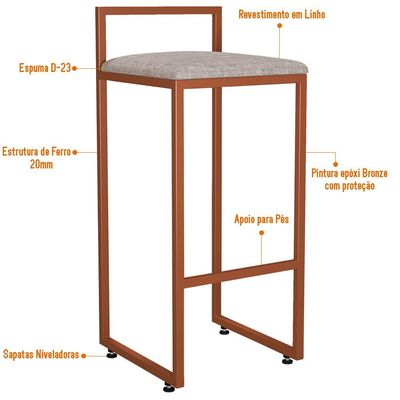 Banqueta Alta Para Cozinha Sala de Jantar Hanna L02 Bronze Linho Bege - Lyam Decor