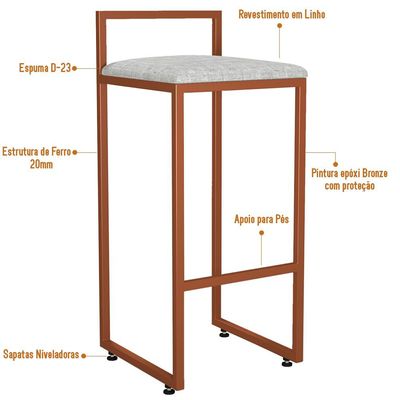Banqueta Alta Para Cozinha Sala de Jantar Hanna L02 Bronze Linho Cinza - Lyam Decor