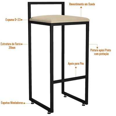 Banqueta Alta Para Cozinha Sala de Jantar Hanna L02 Preto Suede Bege - Lyam Decor