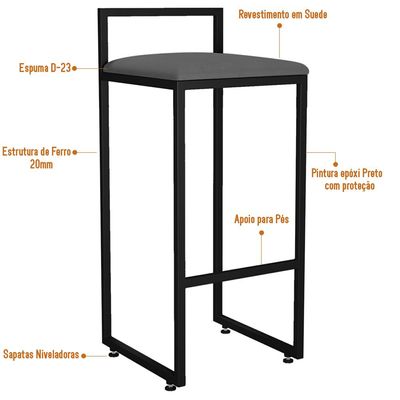 Banqueta Alta Para Cozinha Sala de Jantar Hanna L02 Preto Suede Cinza - Lyam Decor