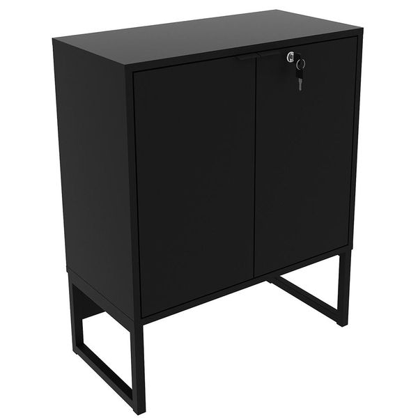 Balcão Multiuso Para Escritório Sala Com Chave 02 Portas Oliver T01 Preto - Lyam Decor