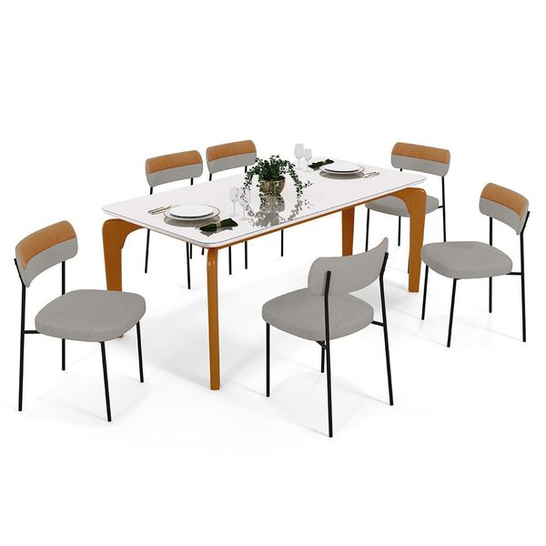 Mesa De Jantar Capri Off White E 6 Cadeiras Melina B05 Linho Cinza Couríssimo Caramelo - Lyam Decor