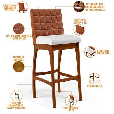 Banqueta Alta Para Cozinha Sala De Jantar Fixa Mila B04 Couríssimo Camel Corano Branco - Lyam Decor