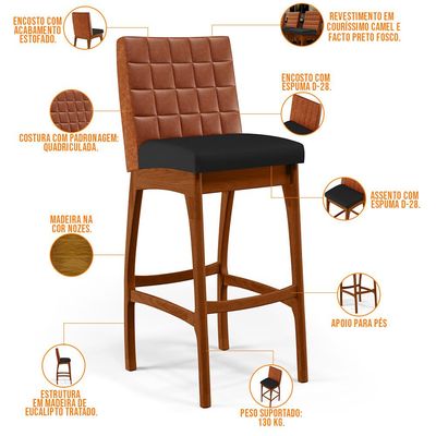 Banqueta Alta Para Cozinha Sala De Jantar Fixa Mila B04 Couríssimo Camel Corano Preto - Lyam Decor