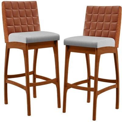 Kit 02 Banquetas Altas Cozinha Sala Jantar Fixa Mila B04 Couríssimo Camel Linho Cinza - Lyam Decor