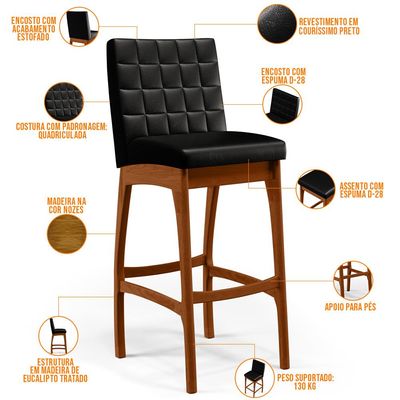 Banqueta Alta Para Cozinha Sala de Jantar Fixa Mila B04 Couríssimo Preto - Lyam Decor