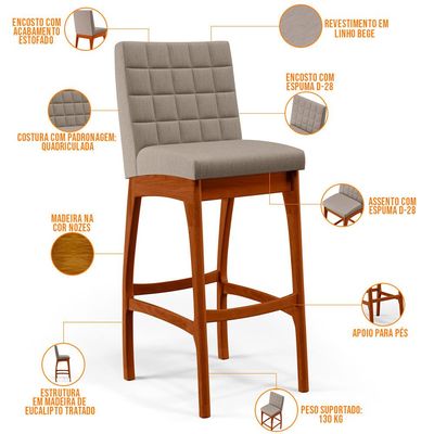 Banqueta Alta Para Cozinha Sala de Jantar Fixa Mila B04 Linho Bege - Lyam Decor