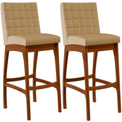 Kit 02 Banquetas Altas Para Cozinha Sala de Jantar Fixa Mila B04 Linho Bege Escuro - Lyam Decor