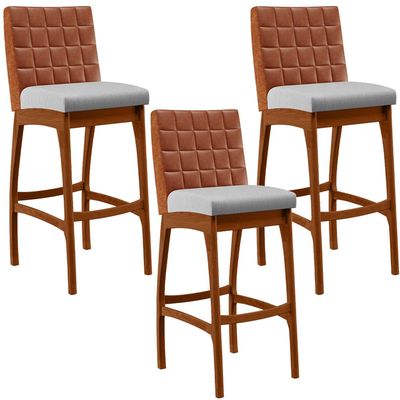 Kit 03 Banquetas Altas Cozinha Sala Jantar Fixa Mila B04 Couríssimo Camel Linho Cinza - Lyam Decor
