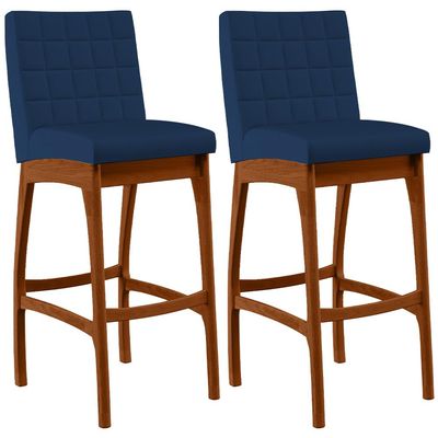 Kit 02 Banquetas Altas Para Cozinha Sala de Jantar Fixa Mila B04 Suede Azul Marinho - Lyam Decor