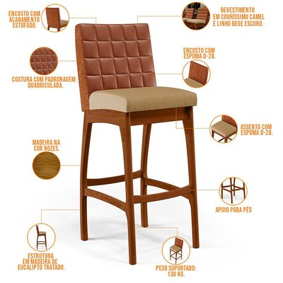Kit 03 Banquetas Altas Sala De Jantar Fixa Mila B04 Couríssimo Camel Linho Bege Escuro - Lyam Decor