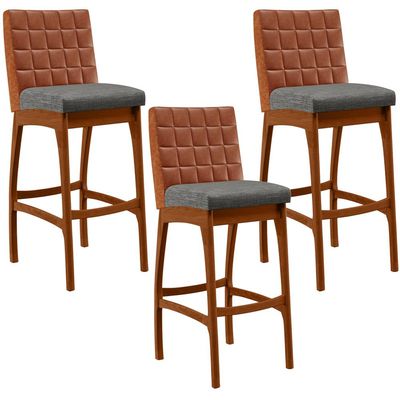 Kit 03 Banquetas Altas Sala De Jantar Fixa Mila B04 Couríssimo Camel Linho Cinza Escuro - Lyam Decor