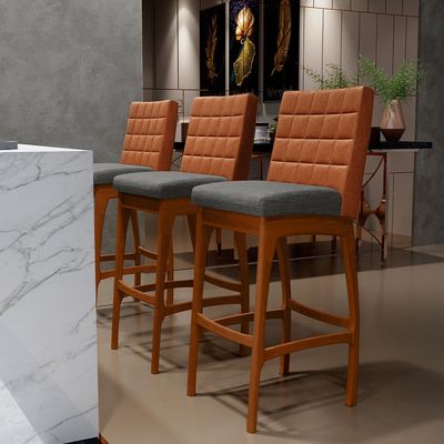 Kit 03 Banquetas Altas Sala De Jantar Fixa Mila B04 Couríssimo Camel Linho Cinza Escuro - Lyam Decor