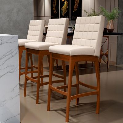 Kit 03 Banquetas Altas Para Cozinha Sala de Jantar Fixa Mila B04 Suede Bege - Lyam Decor