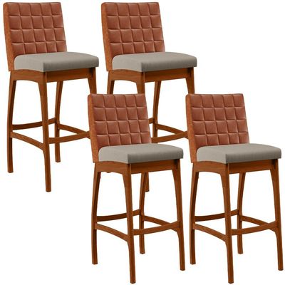 Kit 04 Banquetas Altas Cozinha Sala De Jantar Fixa Mila B04 Couríssimo Camel Linho Bege - Lyam Decor