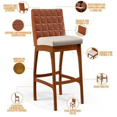 Kit 04 Banquetas Altas Cozinha Sala De Jantar Fixa Mila B04 Couríssimo Camel Linho Cru - Lyam Decor