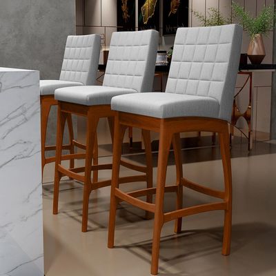Kit 04 Banquetas Altas Para Cozinha Sala de Jantar Fixa Mila B04 Linho Cinza - Lyam Decor