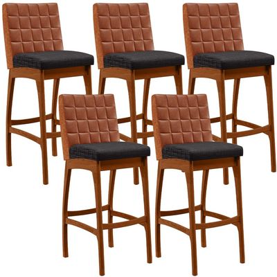 Kit 05 Banquetas Altas Cozinha Sala Jantar Fixa Mila B04 Couríssimo Camel Linho Chumbo - Lyam Decor