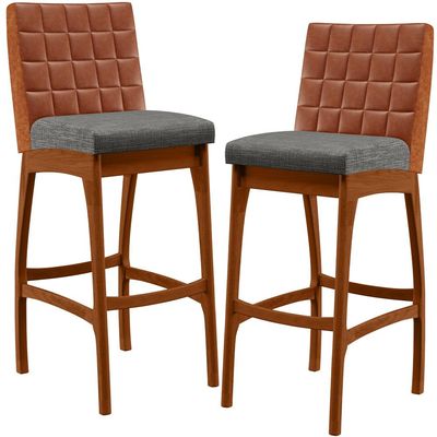 Kit 02 Banquetas Altas Sala De Jantar Fixa Mila B04 Couríssimo Camel Linho Cinza Escuro - Lyam Decor