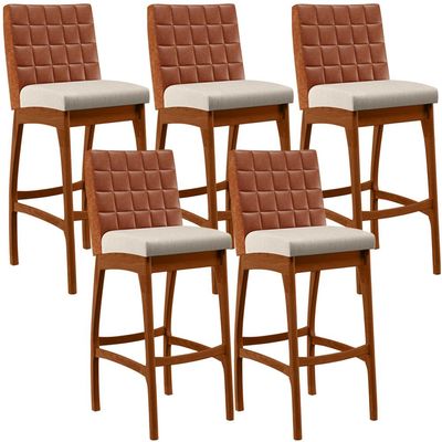 Kit 05 Banquetas Altas Cozinha Sala De Jantar Fixa Mila B04 Couríssimo Camel Linho Cru - Lyam Decor