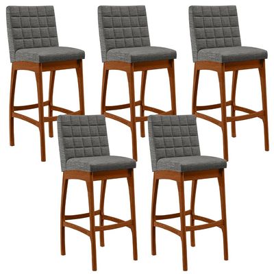 Kit 05 Banquetas Altas Para Cozinha Sala de Jantar Fixa Mila B04 Linho Cinza Escuro - Lyam Decor