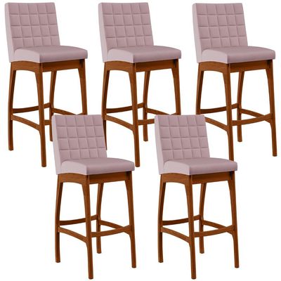 Kit 05 Banquetas Altas Para Cozinha Sala de Jantar Fixa Mila B04 Suede Rosê - Lyam Decor