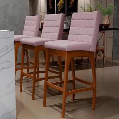 Kit 05 Banquetas Altas Para Cozinha Sala de Jantar Fixa Mila B04 Suede Rosê - Lyam Decor