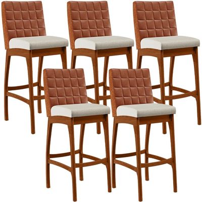 Kit 05 Banquetas Altas Sala De Jantar Fixa Mila B04 Couríssimo Camel Linho Champagne - Lyam Decor