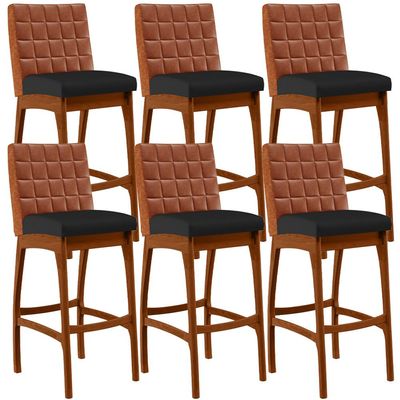Kit 06 Banquetas Altas Cozinha Sala Jantar Fixa Mila B04 Couríssimo Camel Corano Preto - Lyam Decor