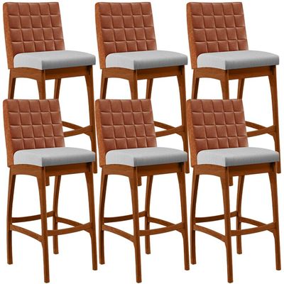 Kit 06 Banquetas Altas Cozinha Sala Jantar Fixa Mila B04 Couríssimo Camel Linho Cinza - Lyam Decor