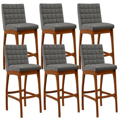 Kit 06 Banquetas Altas Para Cozinha Sala de Jantar Fixa Mila B04 Linho Cinza Escuro - Lyam Decor