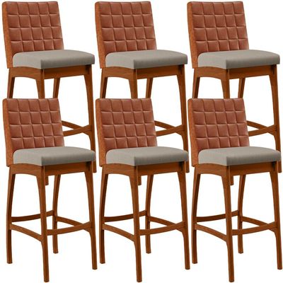 Kit 06 Banquetas Altas Cozinha Sala De Jantar Fixa Mila B04 Couríssimo Camel Linho Bege - Lyam Decor