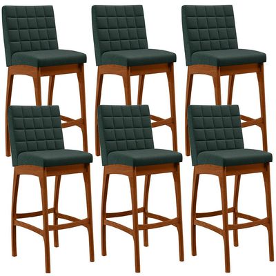 Kit 06 Banquetas Altas Para Cozinha Sala de Jantar Fixa Mila B04 Linho Verde Musgo - Lyam Decor